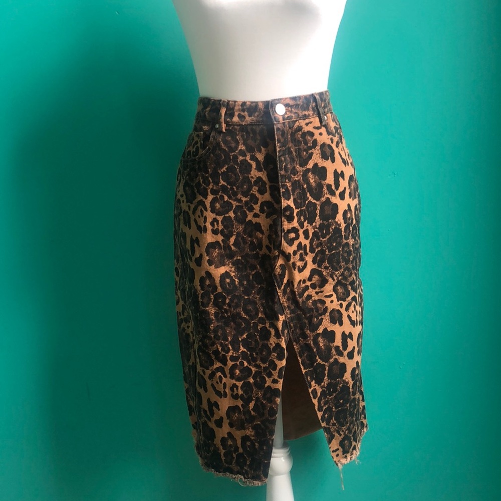 Leopard Print Denim Midi Skirt with Center Slit